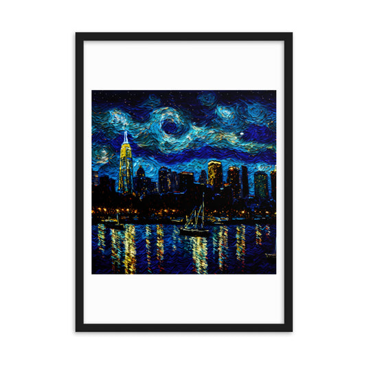 Panorama Schilderij - Skyline New York - Starry Night - Glasschilderij - Plexiglas - 50x70