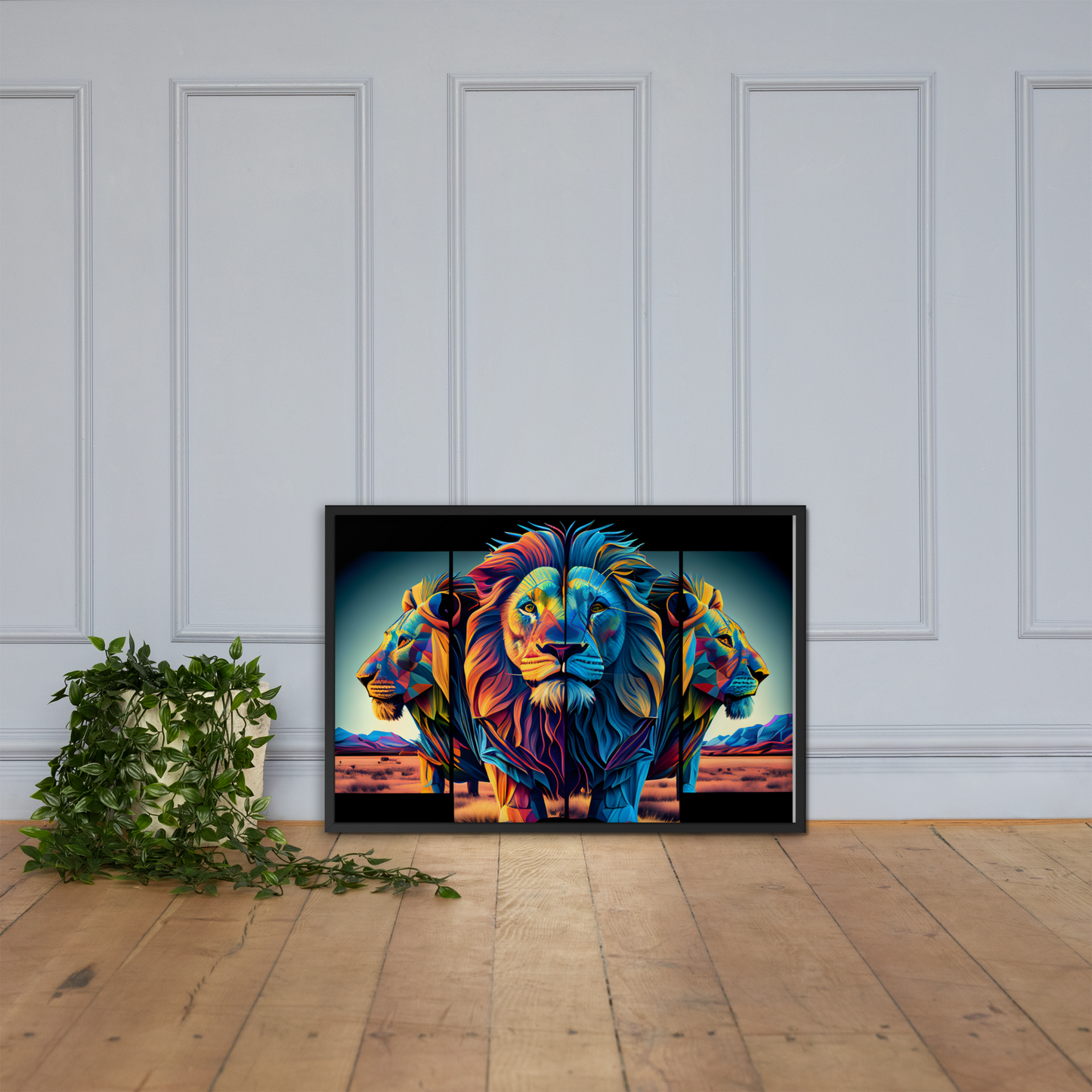 Wanddekoration Wohnzimmer - 3 Löwen - AI Art - 3D - 61x91