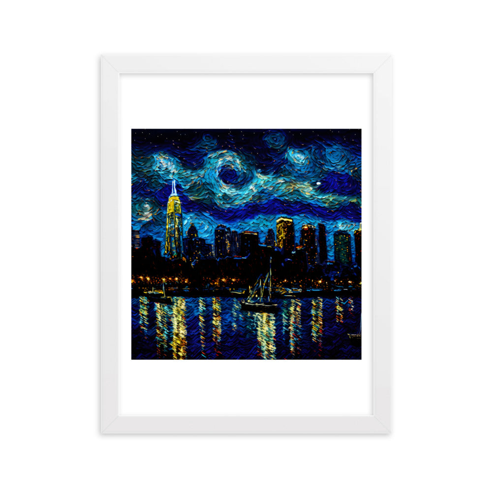 Panorama Schilderij - Skyline New York - Starry Night - Glasschilderij - Plexiglas - 50x70